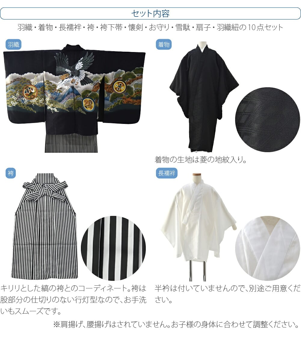 アンサンブル10点セット 鷹に富士 縞袴 箱なし