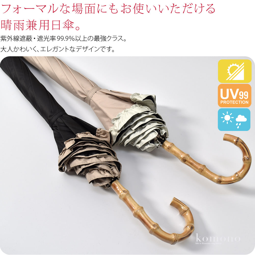 ベーシックカラーの２色づかいで合わせやすい。細めのフリルがオトナ甘いデザインです。紫外線遮蔽・遮光率　99.9％以上で真夏にも大活躍します。耐水性に優れ雨傘としても安心して使用できる傘です。SHADING&HEAT SHIELD