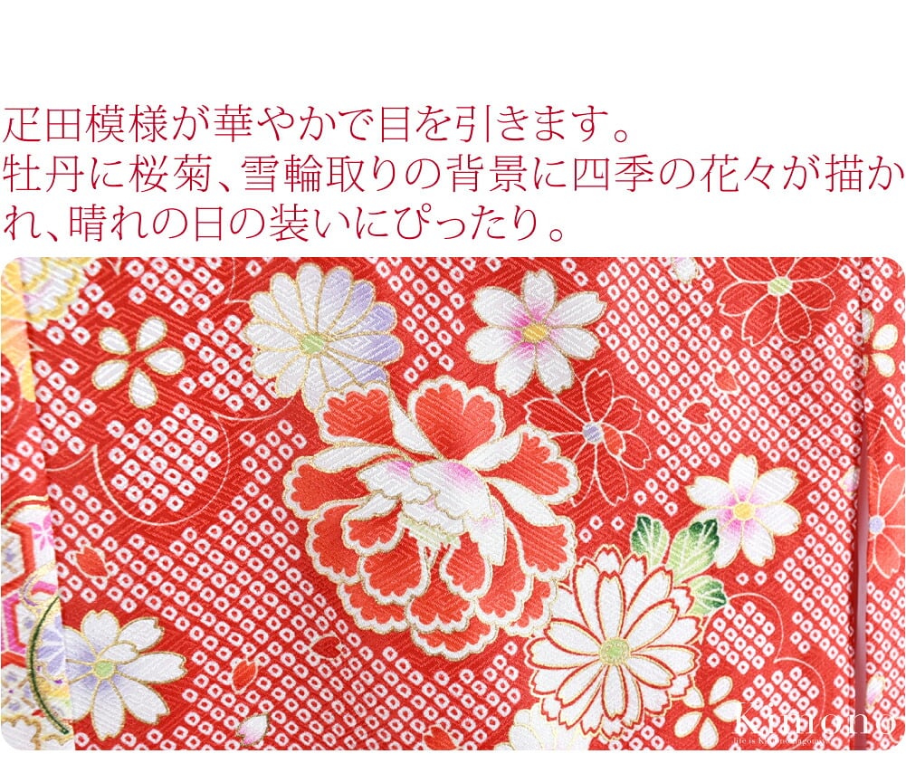 七歳祝い着のきものと襦袢のセットです。お子様の成長を祝う特別な日に、華やかな晴れ着。疋田模様が華やかで目を引きます。牡丹に桜菊、雪輪取りの背景に四季の花々が描かれ、晴れの日の装いにぴったり。着物の生地は紗綾形に蘭と菊をあしらった地紋です。