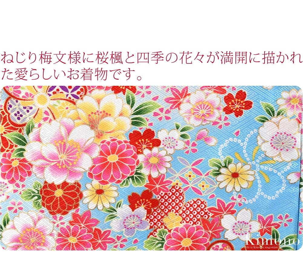 七歳祝い着のきものと襦袢のセットです。お子様の成長を祝う特別な日に、華やかな晴れ着。ねじり梅文様に桜楓と四季の花々が満開に描かれた愛らしいお着物です。着物の生地は紗綾形に蘭と菊をあしらった地紋です。ポリエステルで取り扱いが簡単です。