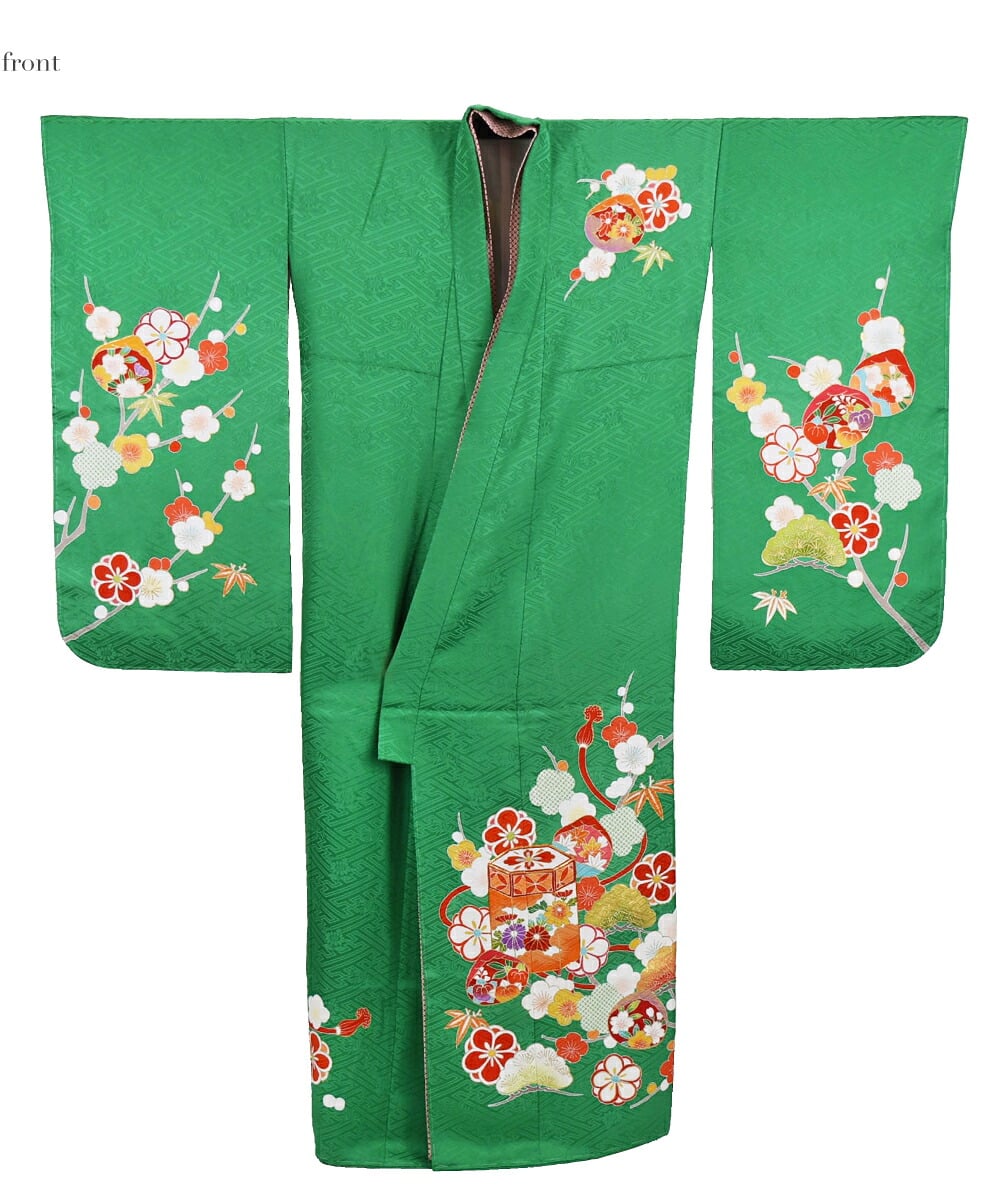 逸品 正絹 大四つ身 手描き友禅 松竹梅貝桶