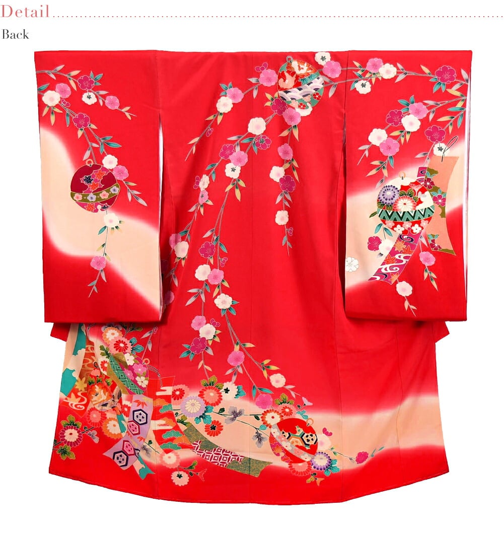 逸品 正絹 四つ身 掛け着 手描き友禅 祝鈴に八重桜