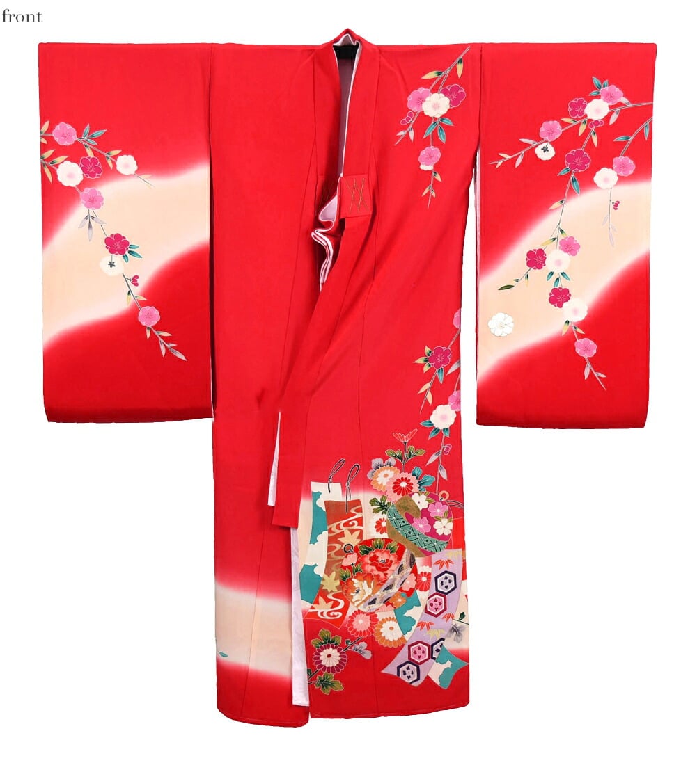逸品 正絹 四つ身 掛け着 手描き友禅 祝鈴に八重桜