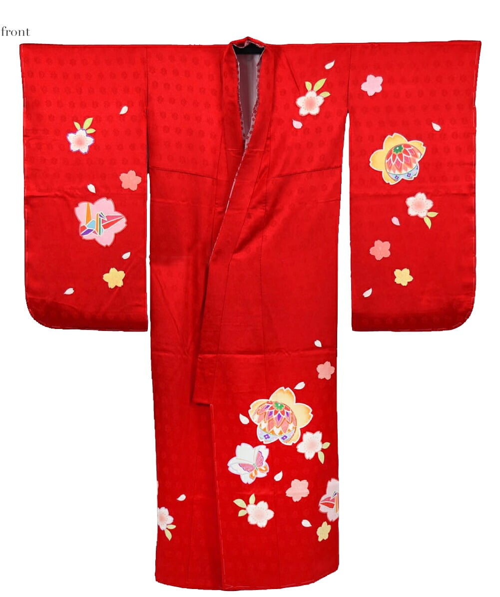 逸品 正絹 大四つ身 手描き友禅 桜紋に蝶鞠折鶴