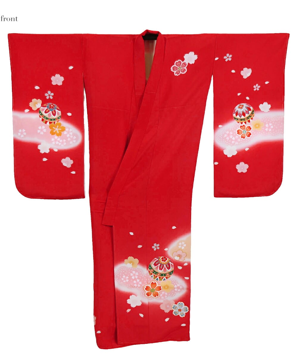 逸品 正絹 大四つ身 手描き友禅 雲取ぼかし鞠に桜 比翼なし
