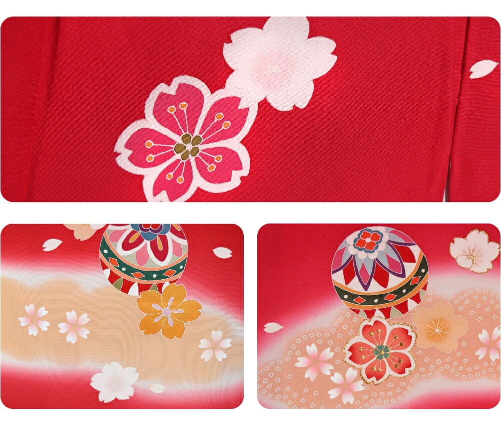 逸品 正絹 大四つ身 手描き友禅 雲取ぼかし鞠に桜 比翼なし
