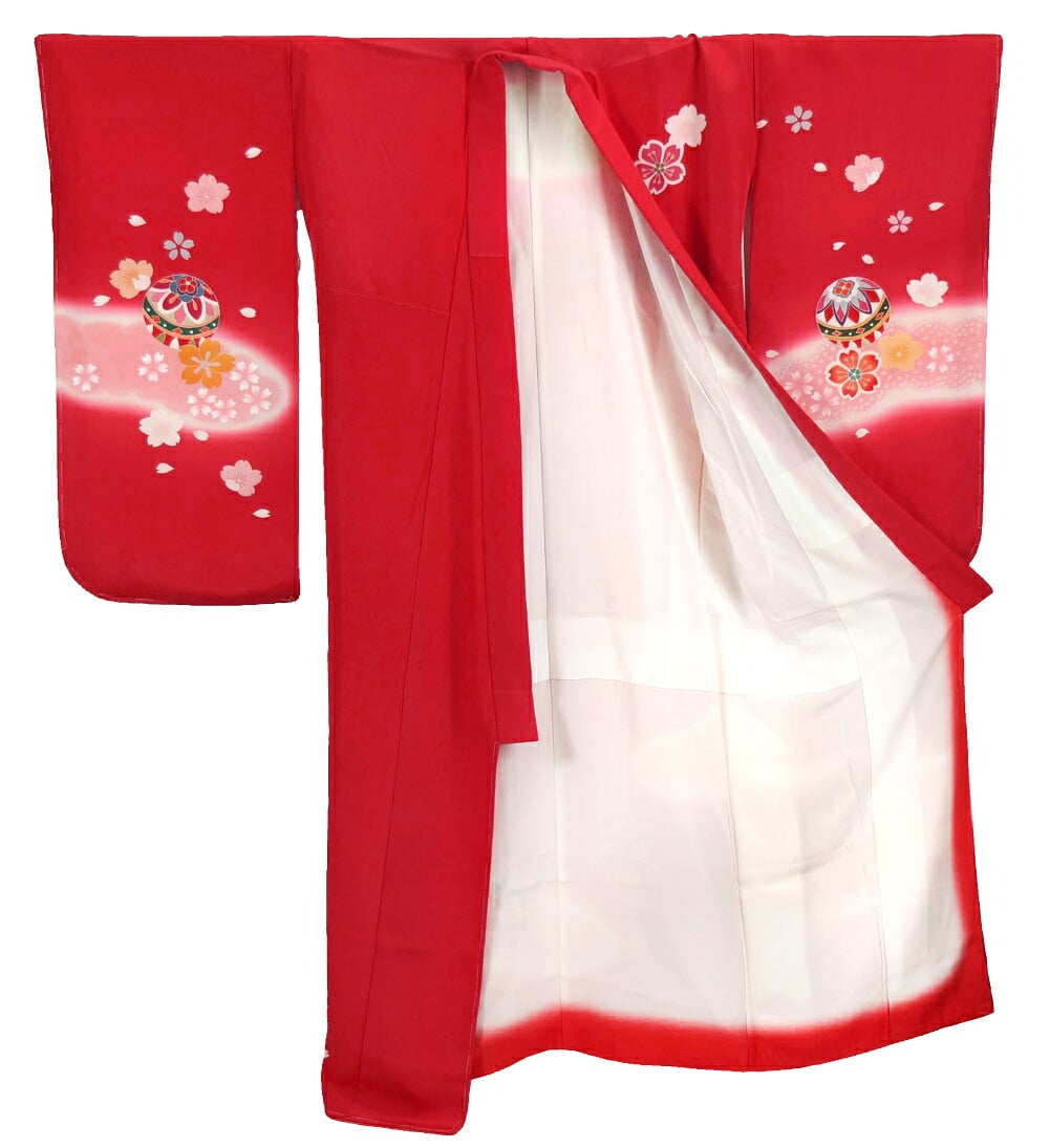 逸品 正絹 大四つ身 手描き友禅 雲取ぼかし鞠に桜 比翼なし