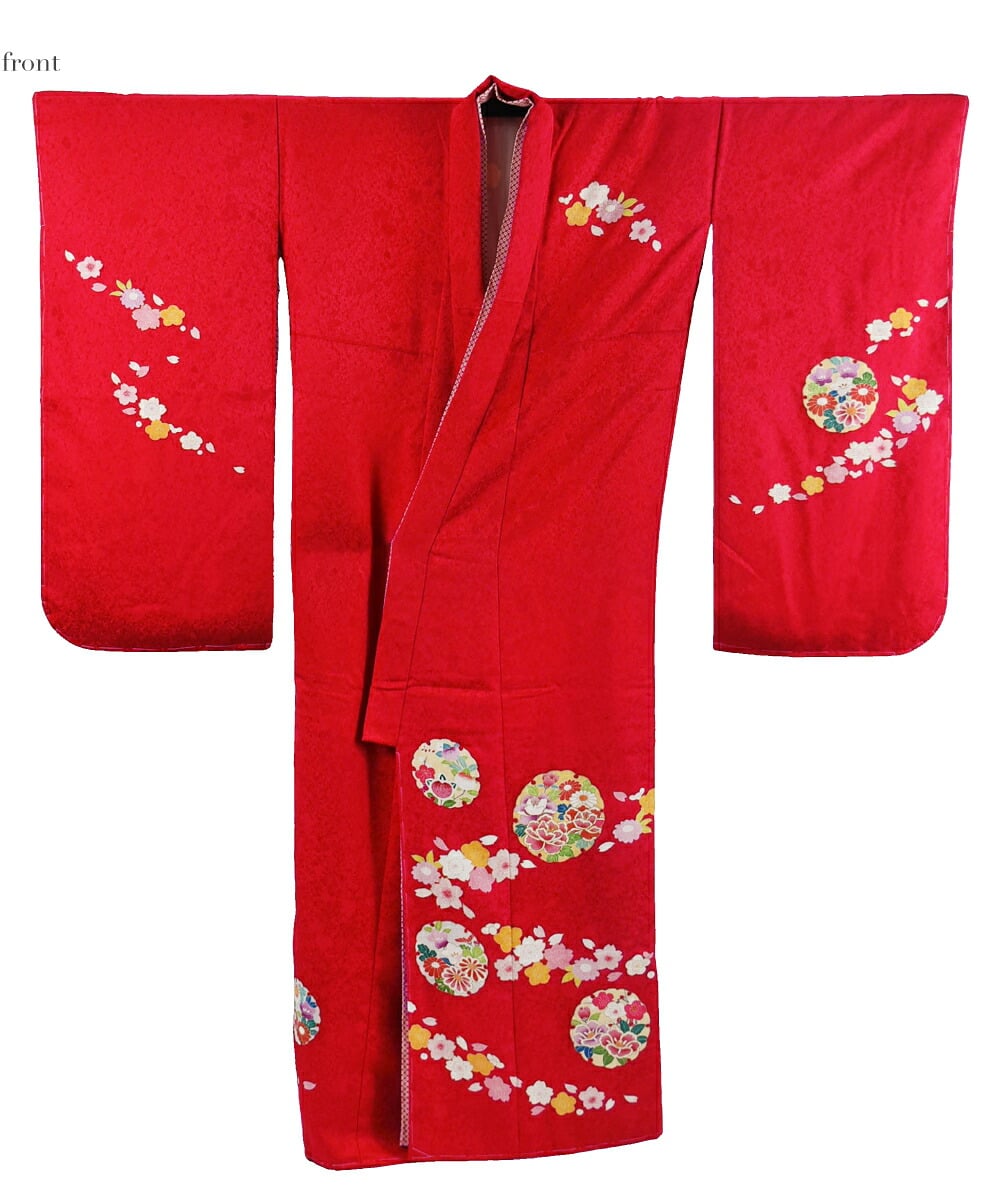 逸品 正絹 大四つ身 手描き友禅 雪輪に花
