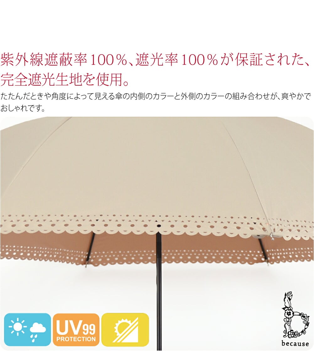 becauseの晴雨兼用傘 PUジオメトリックバイカラー 長傘です。裾にほどこされた幾何学的なカッティングが涼しげでモダン。たたんだときや角度によって見える傘の内側のカラーと外側のカラーの組み合わせが、爽やかでおしゃれです。